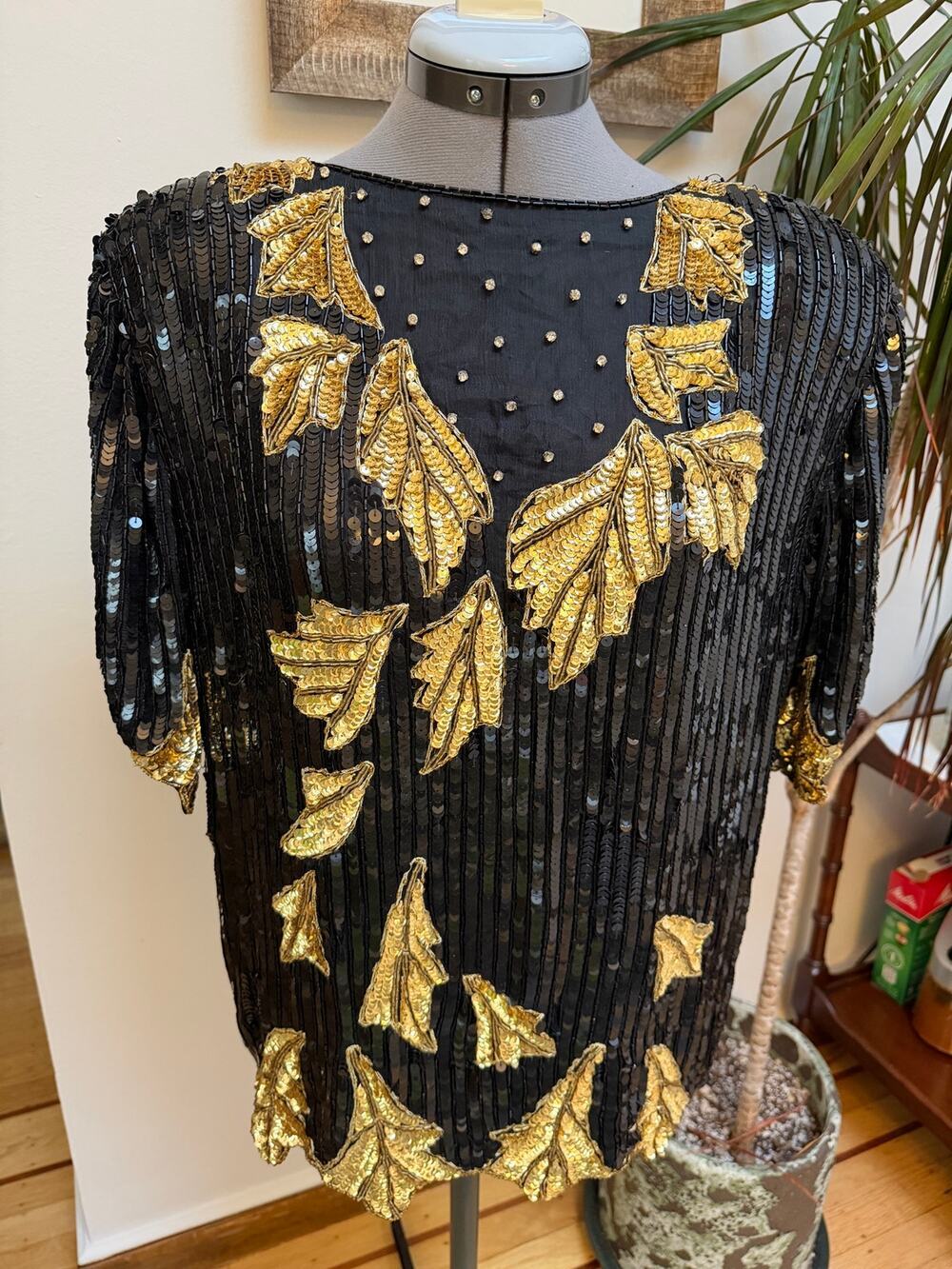 Vintage J.L.B. 100% Silk Heavy Sequined Beaded Leaf Evening Top Blouse M/L